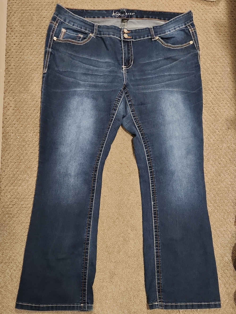 Ariya dark-wash bootcut denim jeans, heavy contrast topstitching, 18